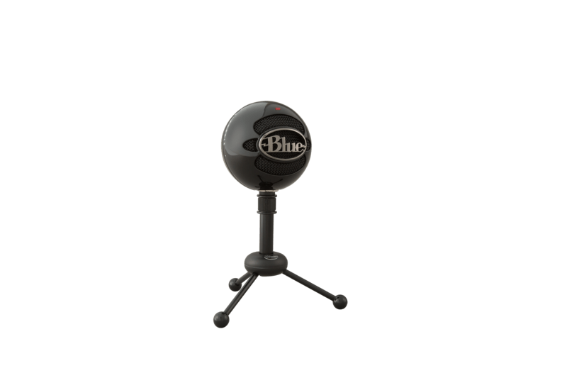 Logitech Blue Snowball USB microphone on a tripod stand for studio quality audio recording.