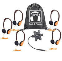 Thumbnail for HamiltonBuhl Galaxy Sack-O-Phones - 5 Pack - Orange headphones, Jackbox, and carry bag for bulk school headphones.