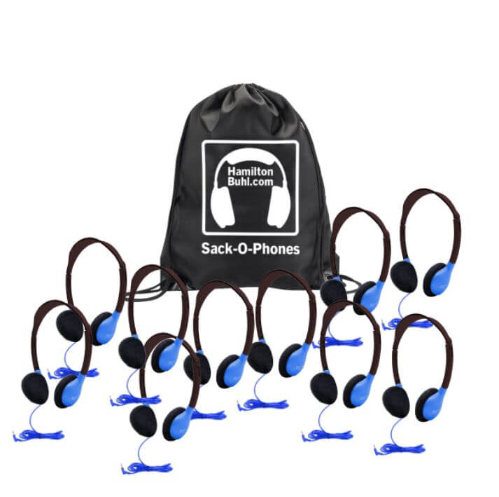 HamiltonBuhl Sack-O-Phones: 10 blue personal headphones in a carry bag, perfect bulk school headphones for education.