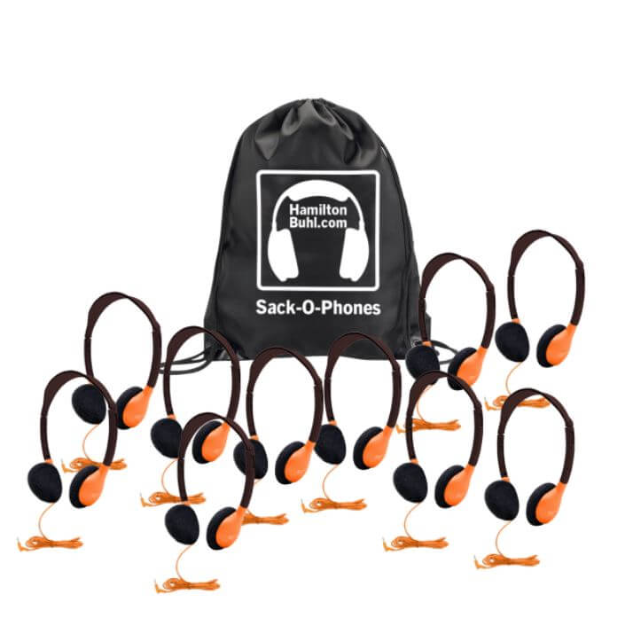 HamiltonBuhl Sack-O-Phones pack with 10 orange personal headphones in a carrying bag, ideal for bulk school headphones.