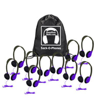 Thumbnail for HamiltonBuhl Sack-O-Phones: 10 personal purple headphones for school in a convenient carry bag.
