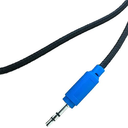 Close-up of a durable audio cable with a 3.5mm connector and blue jack, ideal for school headphones and audio devices.