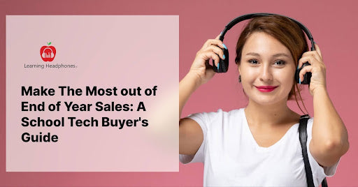 Woman wearing headphones, promoting tech guide for end-of-year sales in schools.
