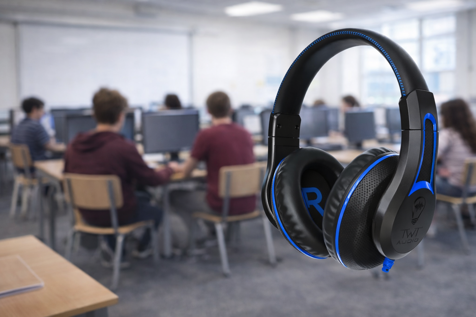 TWT Audio DURO TW203 USB-C over-ear wired stereo headset with cushioned ear cups and adjustable headband for Chromebook classrooms and digital testing.