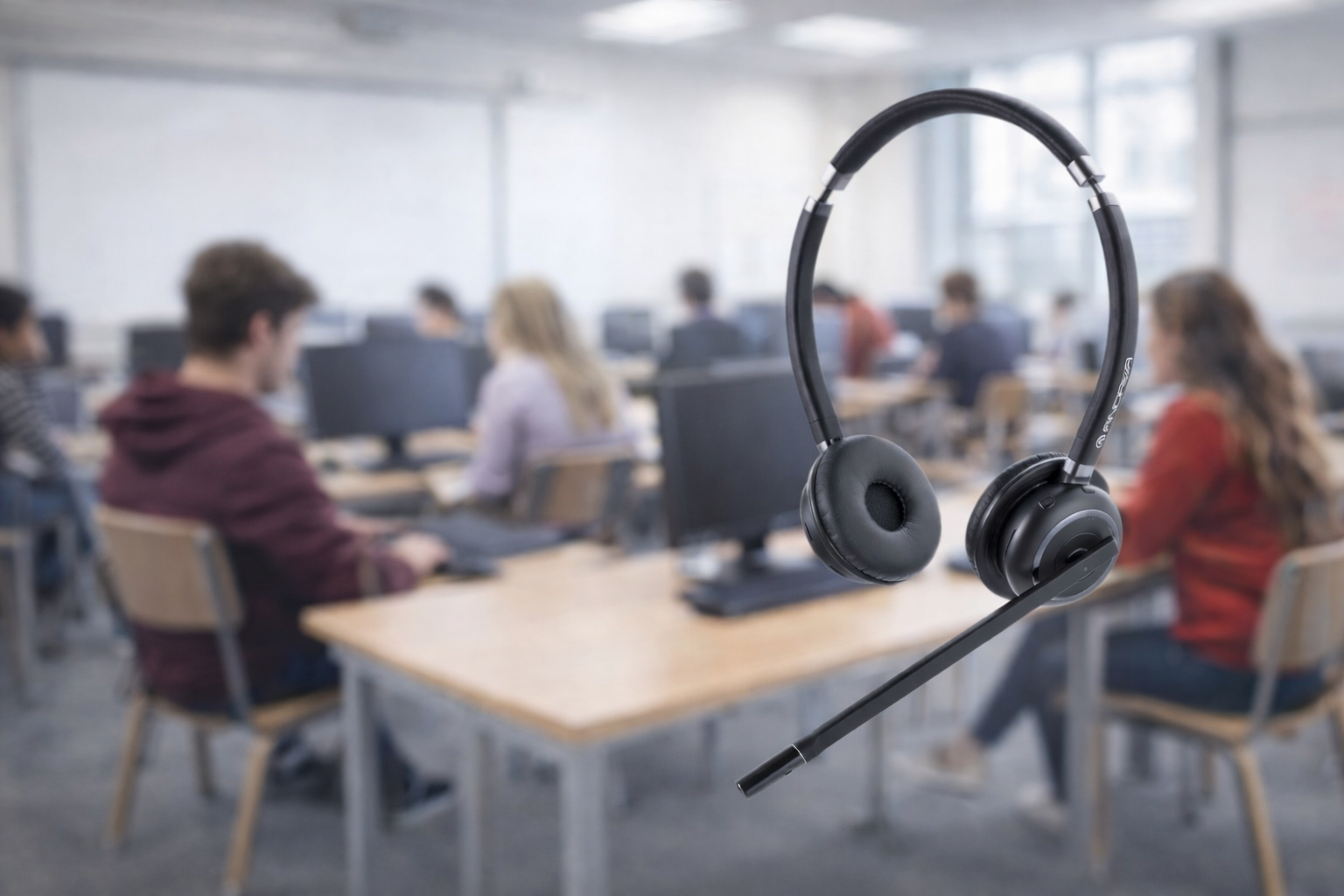 ANDREA WNC-2500 Wireless Noise-Canceling Bluetooth® Stereo Headset with adjustable headband, cushioned ear cups, and professional boom microphone for remote work and office communication.