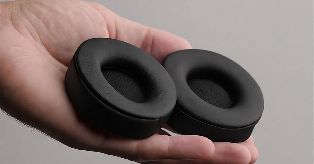 earpads for school headphones being held as a pair in hand