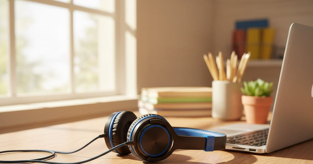 school headphones for a chromebook on a desk in classroom setting