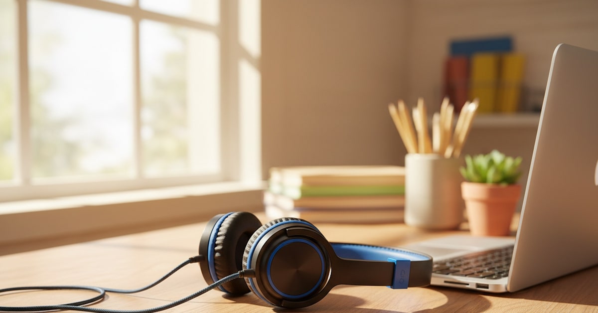 school headphones for a chromebook on a desk in classroom setting