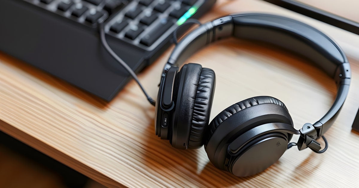 USB Over-ear school headphones connected to a computer for classroom audio use