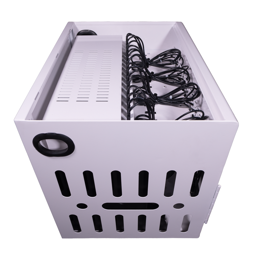 Side top view of POWRT ACCOMP16 16-bay secure charging cabinet