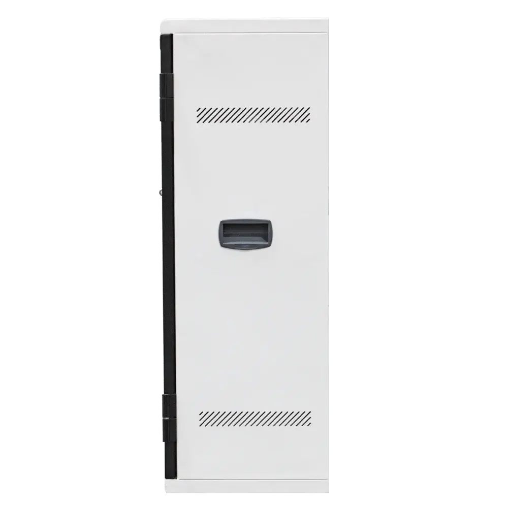 Side view of POWRT ACVERT24 24-bay vertical secure charging cart