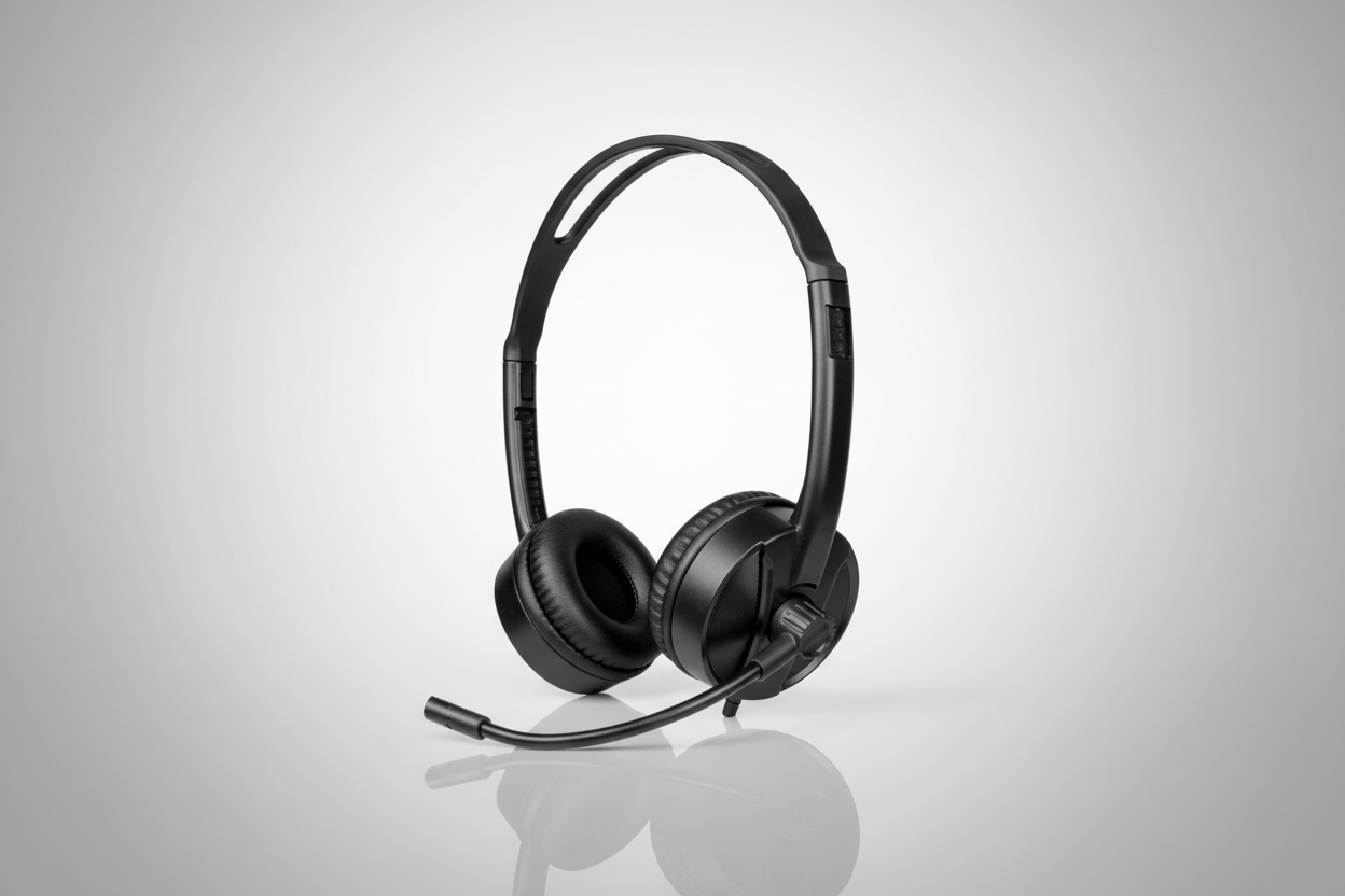 Black headset on a light gray background