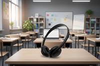 Thumbnail for Headphones on a desk in a classroom setting