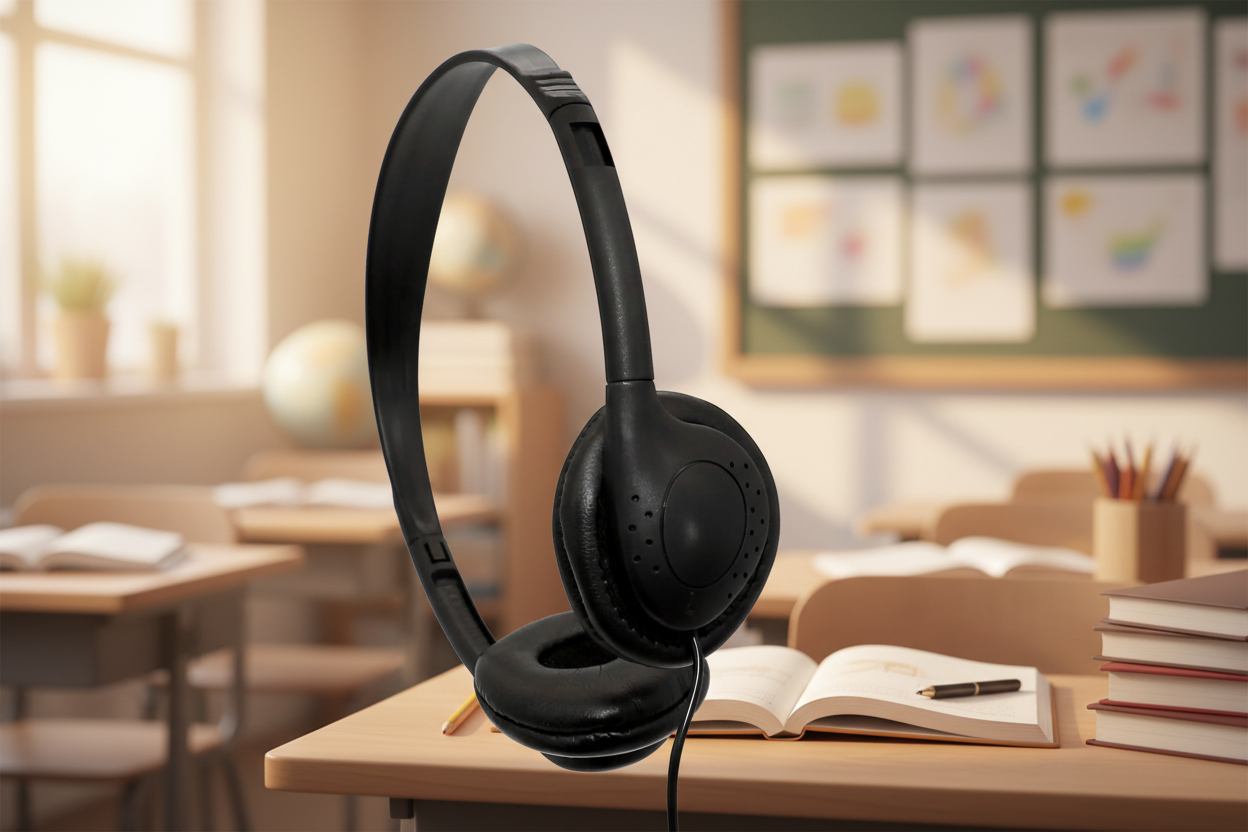 Black headphones on a desk in a classroom setting