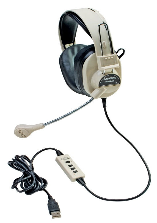 3066AV-T Deluxe stereo USB headset in beige with To Go plug and adjustable boom microphone.