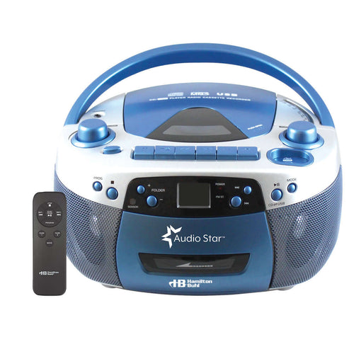 AudioStar boombox with USB, MP3 CD player, cassette deck, FM radio, and remote control