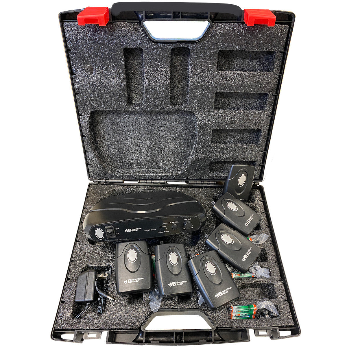 Hamilton ALS700 assistive listening system kit with included components shown inside the box