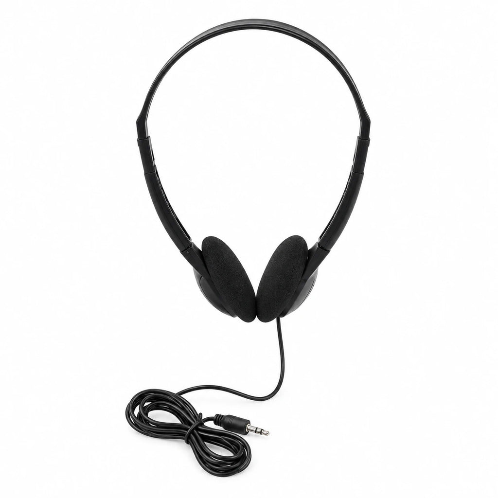 Black over-ear wired headphones with padded ear cups and a coiled cable ending in a 3.5 mm audio jack, shown on a plain white background.