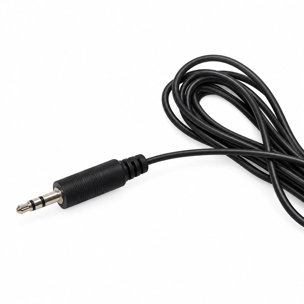 A black 3.5mm audio cable with a 2-pin plug connector, coiled on a plain white background.