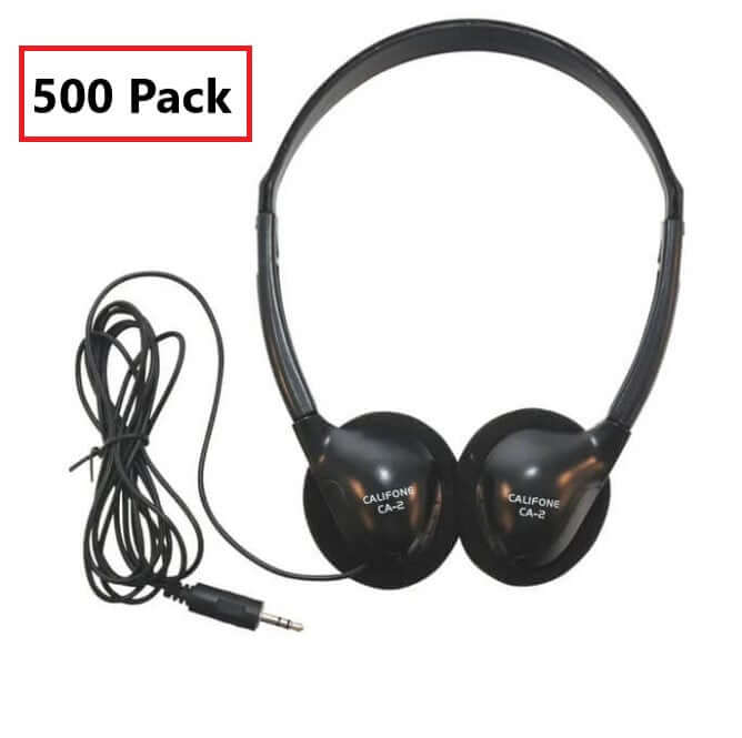 Califone CA-2 on-ear headphones in bulk pack for school use, designed for students with 3.5mm plug.
