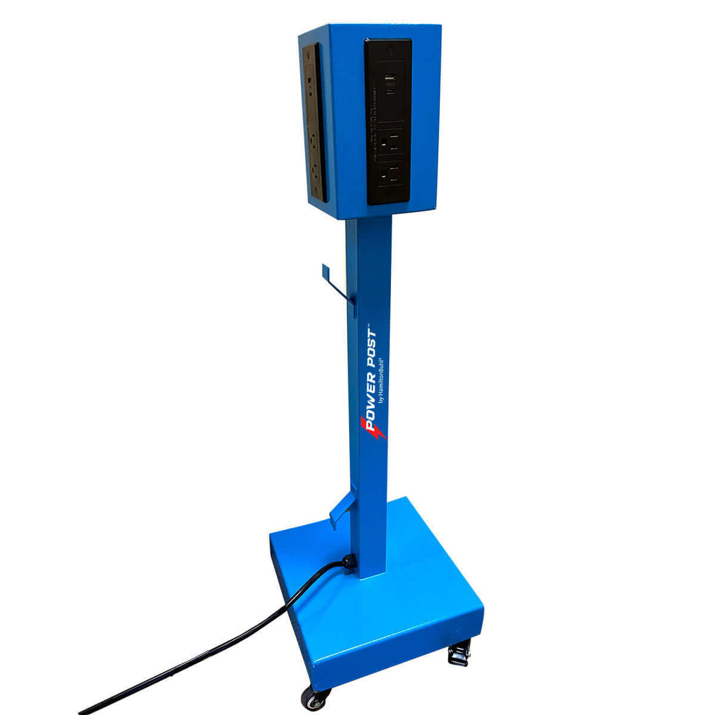 HamiltonBuhl PowerPost mobile charging tower with 8 AC outlets, 4 USB ports, and 4 USB-C ports for device charging.