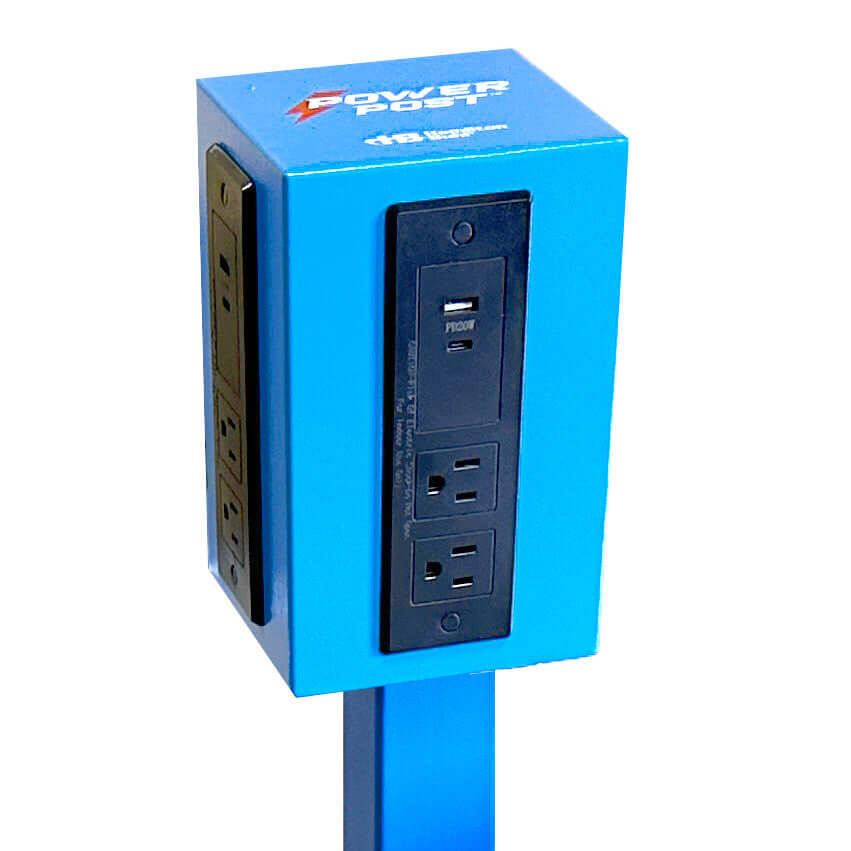 Close-up of HamiltonBuhl PowerPost charging tower showing 8 AC outlets, 4 USB ports, and 4 USB-C ports.