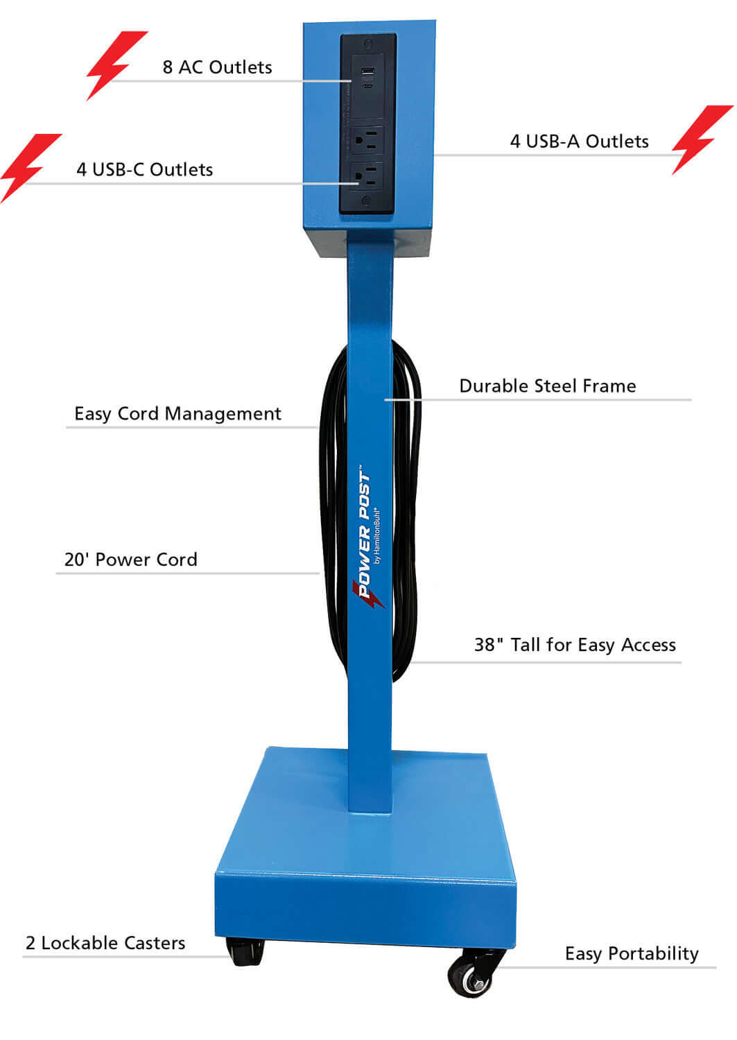 HamiltonBuhl PowerPost mobile charging tower powering multiple devices through AC, USB, and USB-C ports.