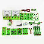 Circuit Wizard educational kit featuring wires, switches, bulbs, and power components.