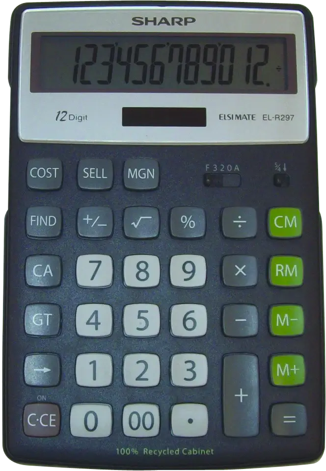 Sharp EL-R297BBK Eco-Concept desktop calculator with large angled display solar power and recycled materials for everyday office use