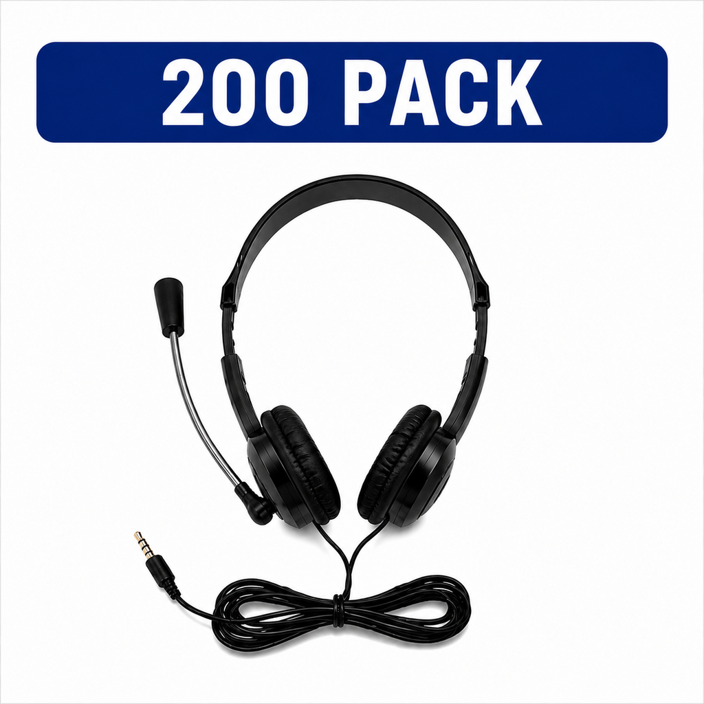 A pair of black over-ear headset headphones with an attached microphone and coiled cable, shown on a white background with a blue banner at the top reading '200 PACK'.