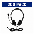 A pair of black over-ear headset headphones with an attached microphone and coiled cable, shown on a white background with a blue banner at the top reading '200 PACK'.