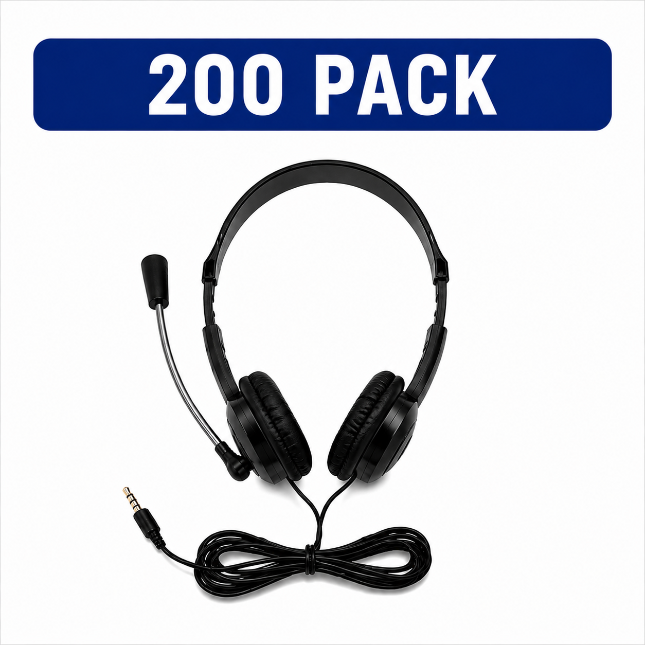 A pair of black over-ear headset headphones with an attached microphone and coiled cable, shown on a white background with a blue banner at the top reading '200 PACK'.