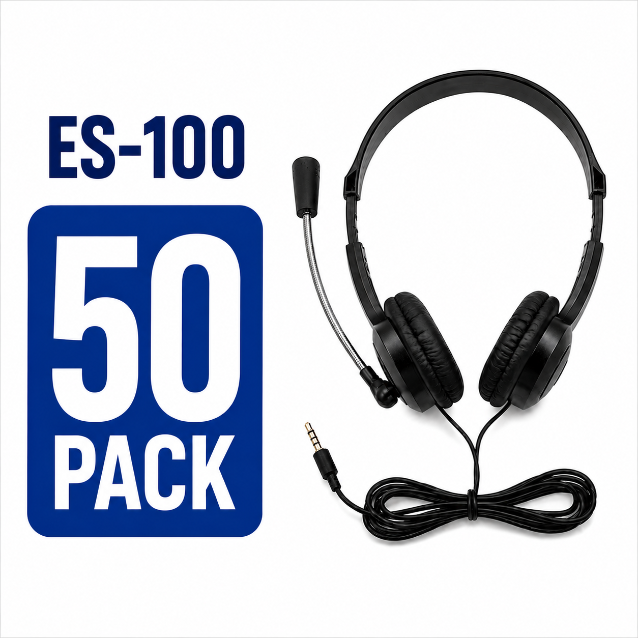 Black over-ear classroom headset with adjustable microphone, shown on a white background with promotional text reading 'ES-100 Classroom Headset' and '50 Pack'.