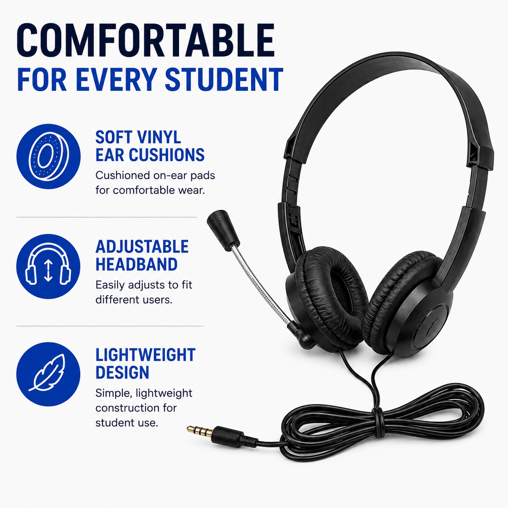 ES-100 classroom headset with soft vinyl ear cushions and adjustable headband