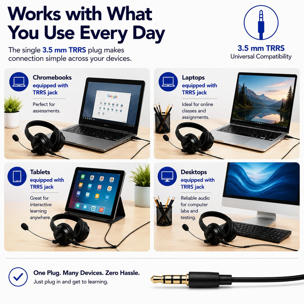 ES-100 classroom headset for Chromebooks, laptops, tablets and desktops with 3.5 mm TRRS jacks