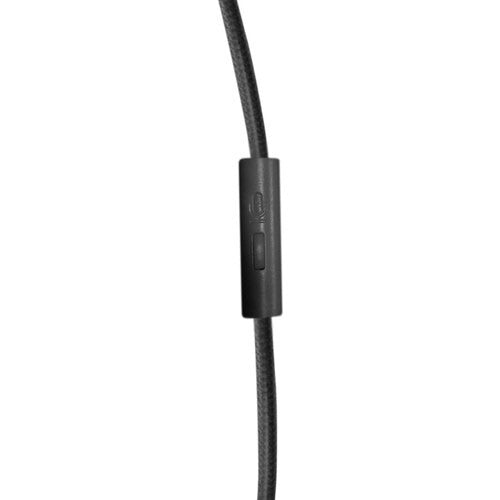 Close-up view of inline mic of HamiltonBuhl Favoritz student headsets in black with TRRS connector