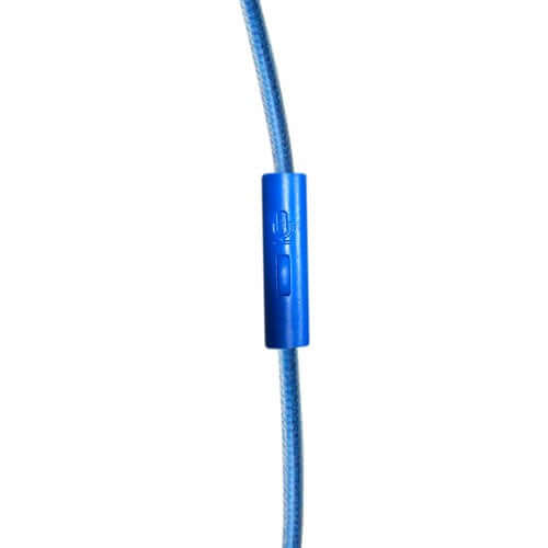 Close-up of inline volume control on blue HamiltonBuhl Favoritz TRRS headset