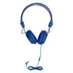 Front profile of blue Favoritz classroom headset with inline microphone and 3.5mm TRRS plug