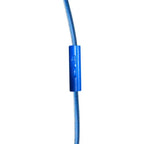 Close-up of inline volume control on blue Favoritz TRRS school headset with 3.5mm single-jack connector