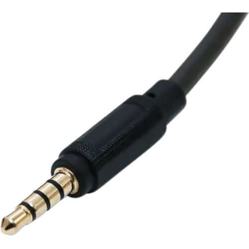 close up view of 3.5mm trrs of Califone GS3000 red over-ear headphones