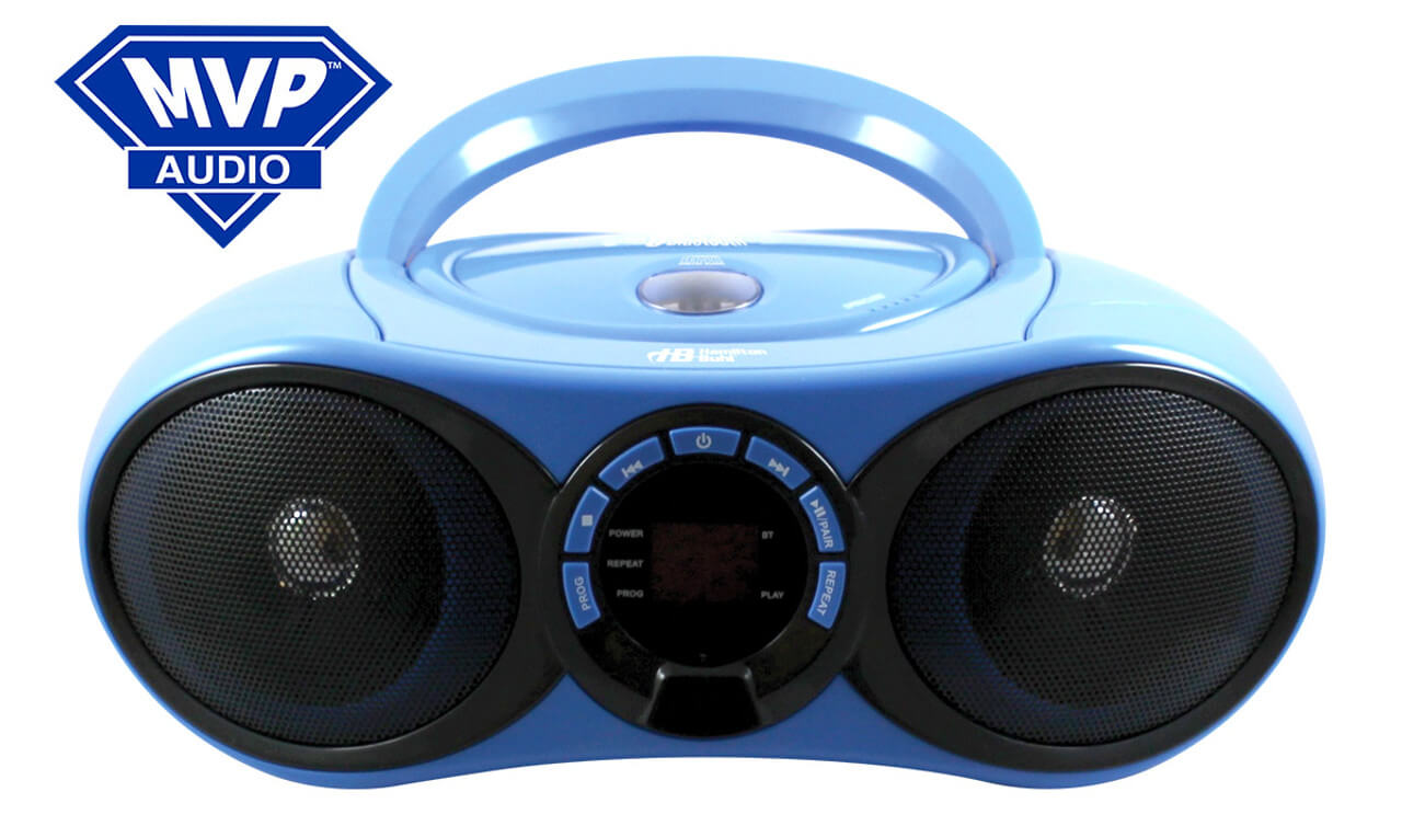 HamiltonBuhl Bluetooth CD/FM Listening Center in blue; ideal for schools with bulk headphones for education.