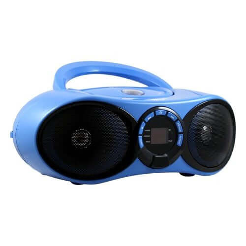 Side view of portable boombox with Bluetooth receiver, CD player, and FM radio