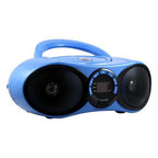 Side view of portable boombox with Bluetooth receiver, CD player, and FM radio