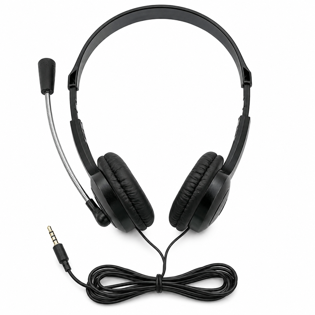 ES-100 classroom headset with adjustable boom microphone and 3.5 mm TRRS plug