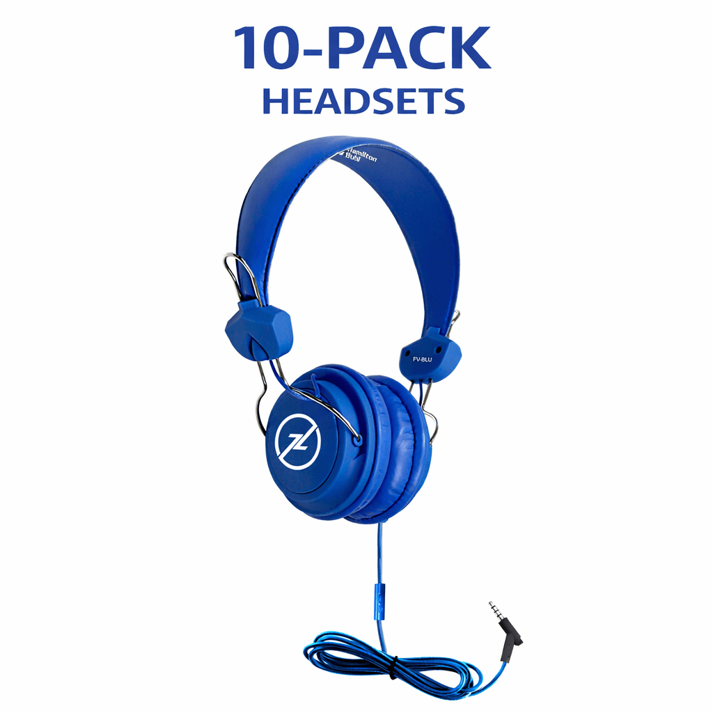 Blue HamiltonBuhl Favoritz TRRS headsets with inline microphones, 10 pack for classroom use