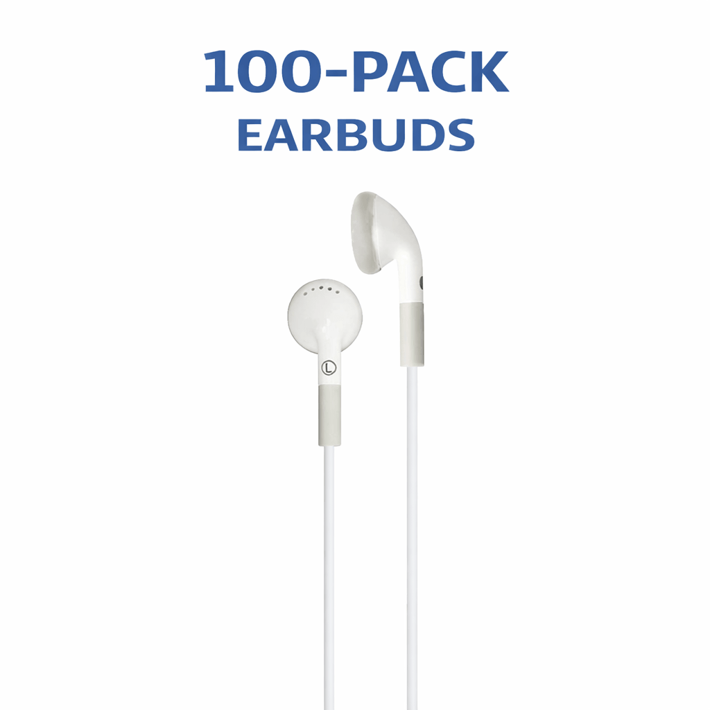 HamiltonBuhl stereo ear buds with in-line microphone and 3.5mm TRRS plug, 100-pack for classroom use.
