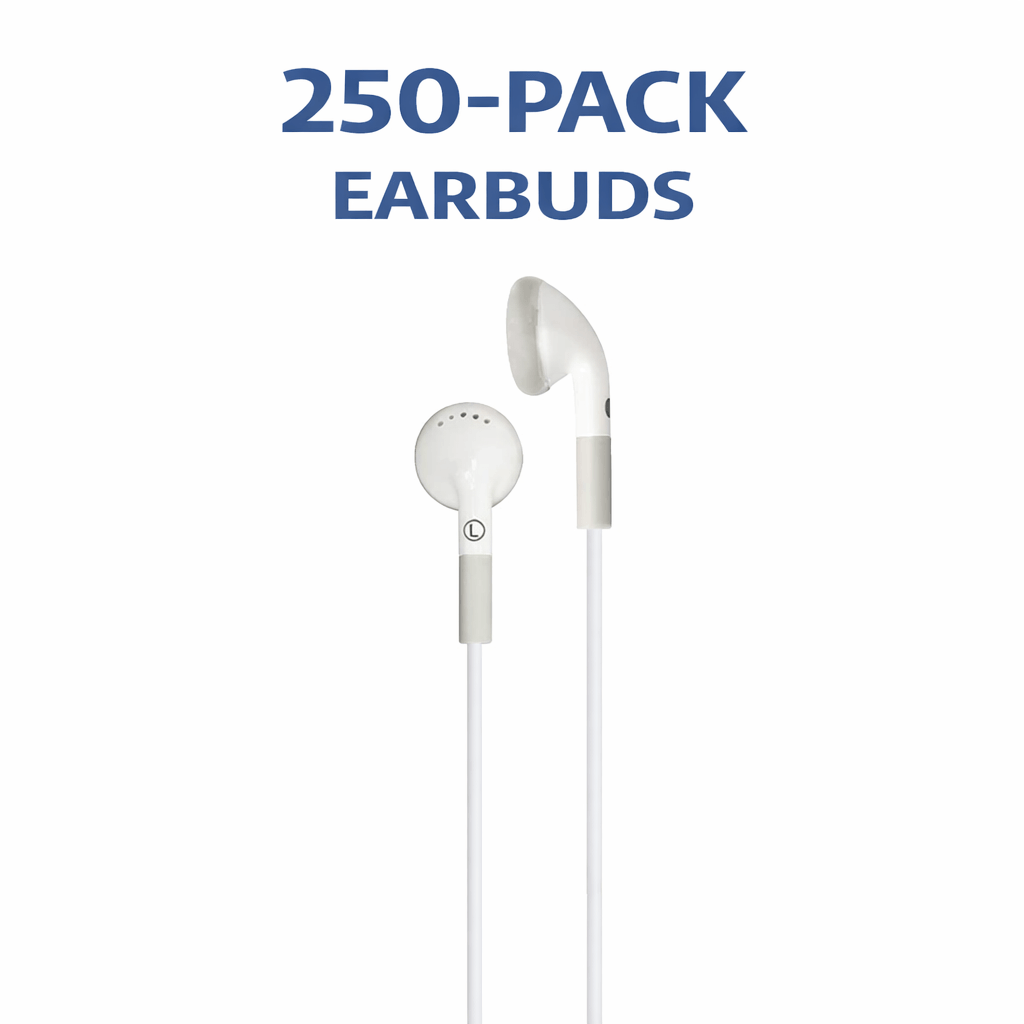 HamiltonBuhl stereo ear buds with in-line microphone and 3.5mm TRRS plug, 250-pack for classroom use.