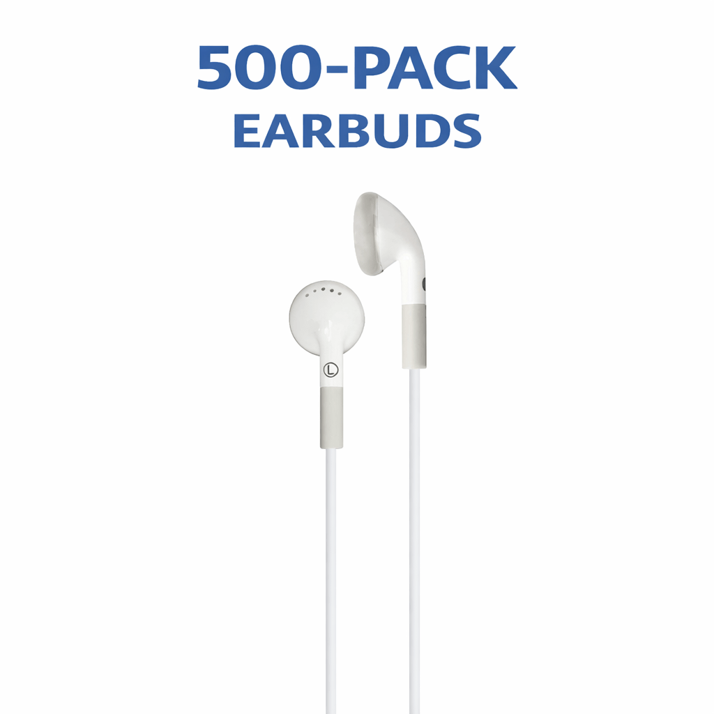 HamiltonBuhl stereo ear buds with in-line microphone and 3.5mm TRRS plug, 500-pack for classroom use.