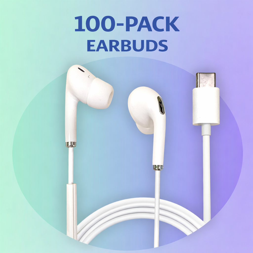 HamiltonBuhl USB-C ear buds with in-line microphone and play/pause control, 100-pack for schools and labs.