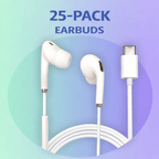 HamiltonBuhl USB-C ear buds with in-line microphone and play/pause control, 25-pack for classroom use.